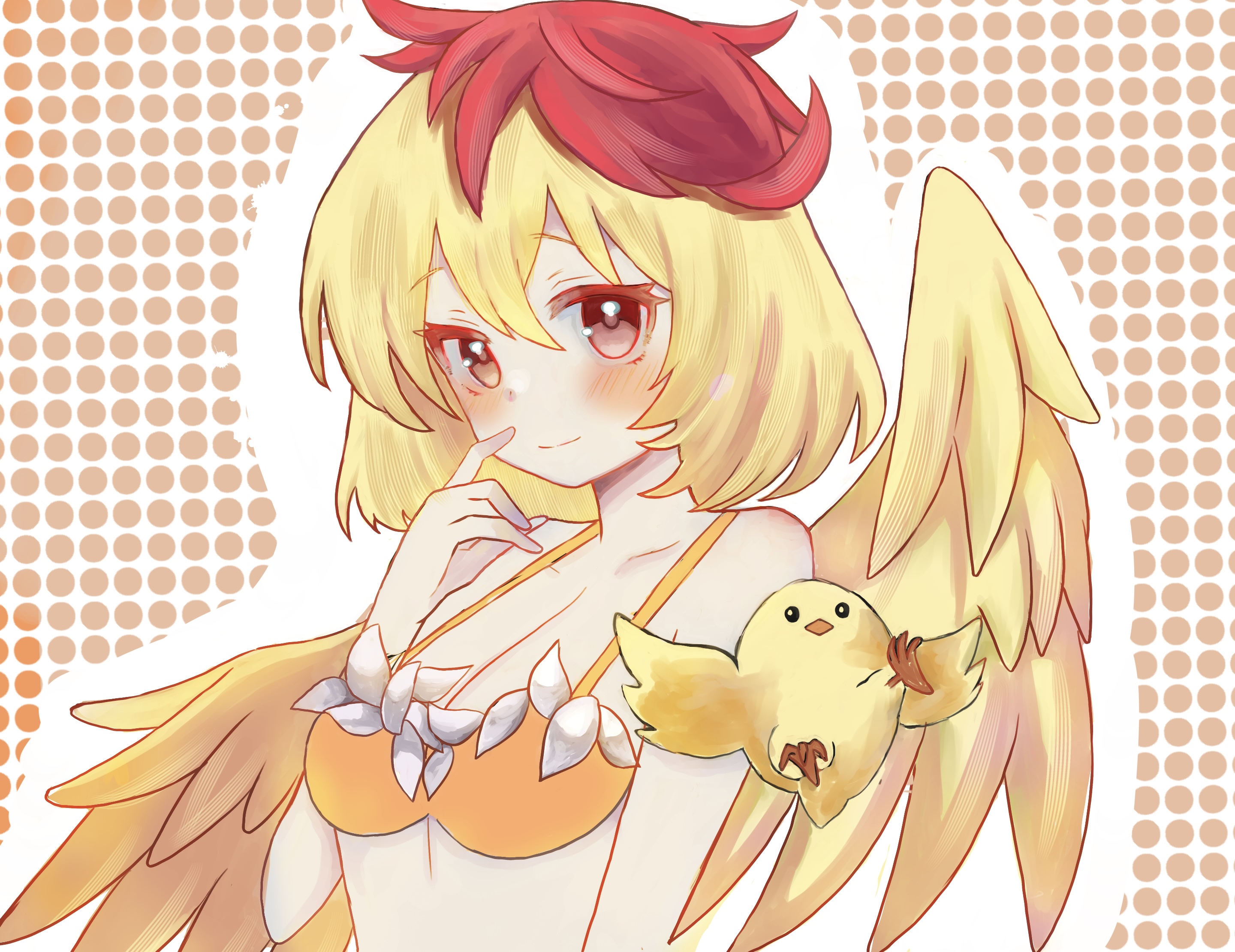 te09n30, niwatari kutaka, touhou, highres, 1girl, baby animal, bikini, bird, bird wings, blonde hair, breasts, chicken, looking at viewer, red hair, swimsuit, wings, yellow wings