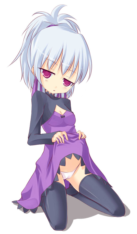 kuro (be ok), yin (darker than black), darker than black, 00s, 1girl, clothes lift, dress, dress lift, female focus, panties, purple dress, skirt, skirt lift, solo, thighhighs, underwear, white hair