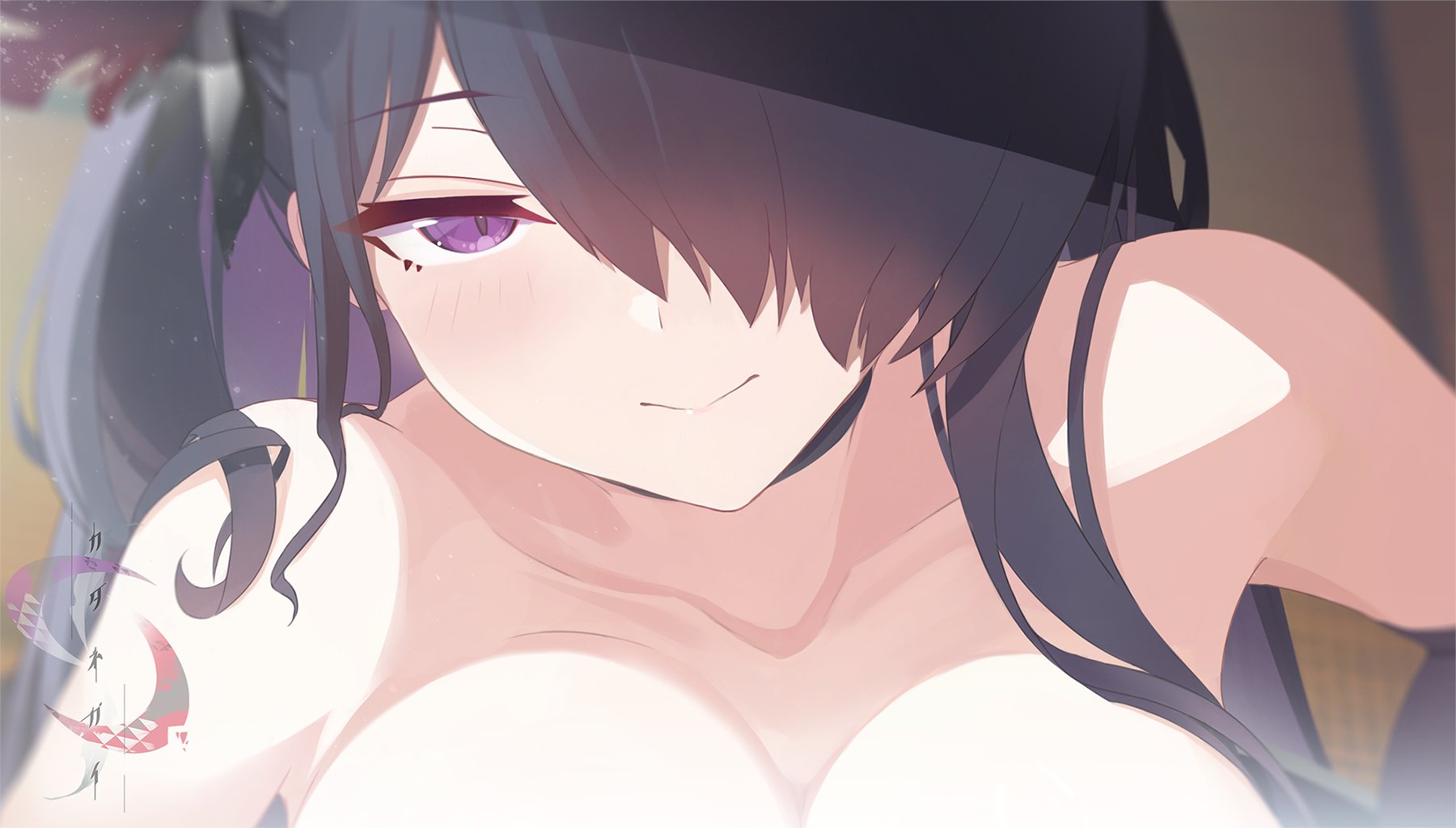 katanegai, highres, 1girl, black choker, black hair, blush, breasts, choker, cleavage, close-up, closed mouth, collarbone, hair over one eye, large breasts, long hair, looking at viewer, one eye covered, purple eyes, smile, solo