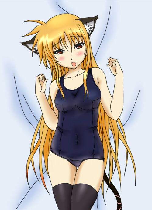 fate testarossa, lyrical nanoha, mahou shoujo lyrical nanoha, mahou shoujo lyrical nanoha strikers, 00s, animal ears, cat ears, one-piece swimsuit, school swimsuit, solo, swimsuit, thighhighs
