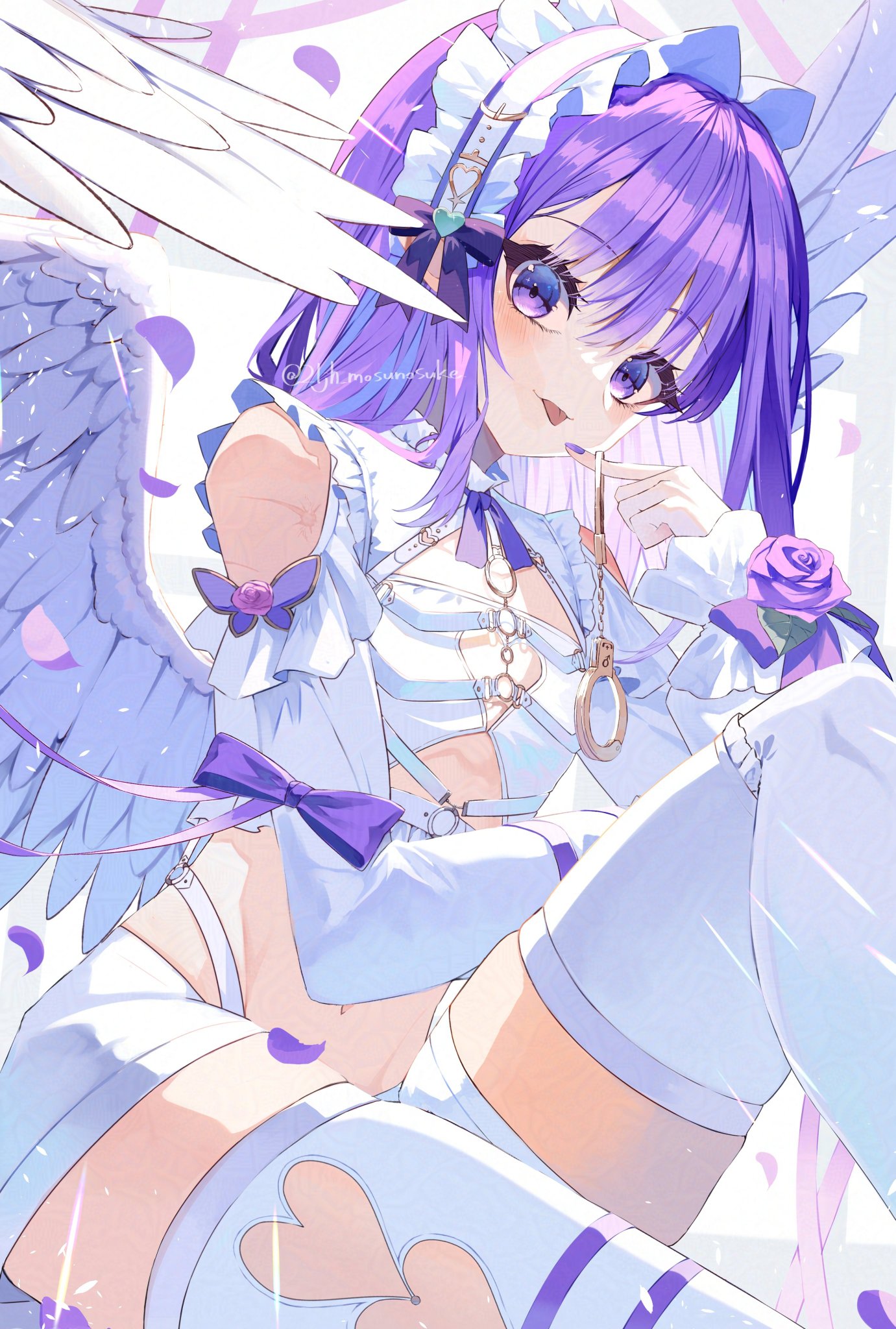 elritta, original, highres, 1girl, angel wings, bow, clothing cutout, crop top, cuffs, feathered wings, flower, hair bow, hair ornament, handcuffs, long hair, looking at viewer, navel, petals, purple eyes, purple flower, purple hair, purple nails, purple rose, rose, shirt, short shorts, shorts, shoulder cutout, solo, thighhighs, tongue, tongue out, trap, white shorts, white wings, wings