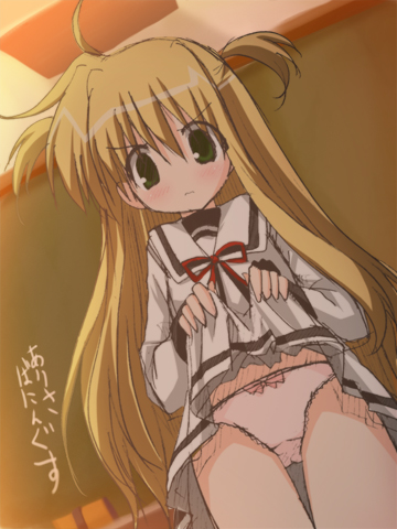 kohinata sora, arisa bunnings, lyrical nanoha, mahou shoujo lyrical nanoha, lowres, 00s, 1girl, clothes lift, female focus, loli, panties, school uniform, seishou elementary school uniform, skirt, skirt lift, solo, underwear