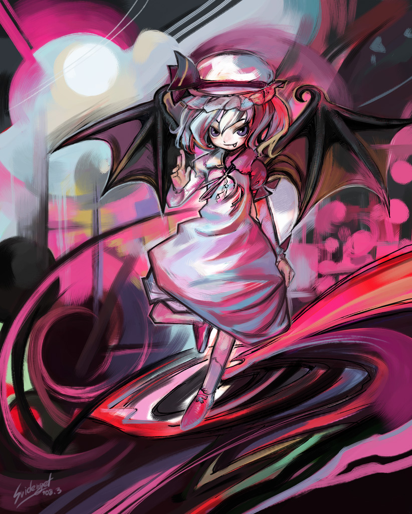 mizuta kenji, remilia scarlet, touhou, silver hair, >:), 1girl, abstract background, bat wings, black wings, blush, closed mouth, dress, fang, fang out, female focus, flying, full body, hat, kneehighs, leg up, looking at viewer, mob cap, pale skin, pink shoes, puffy short sleeves, puffy sleeves, purple eyes, shoes, short hair, short sleeves, signature, silver dress, skirt hold, socks, solo, tsurime, v-shaped eyebrows, white hat, white socks, wings