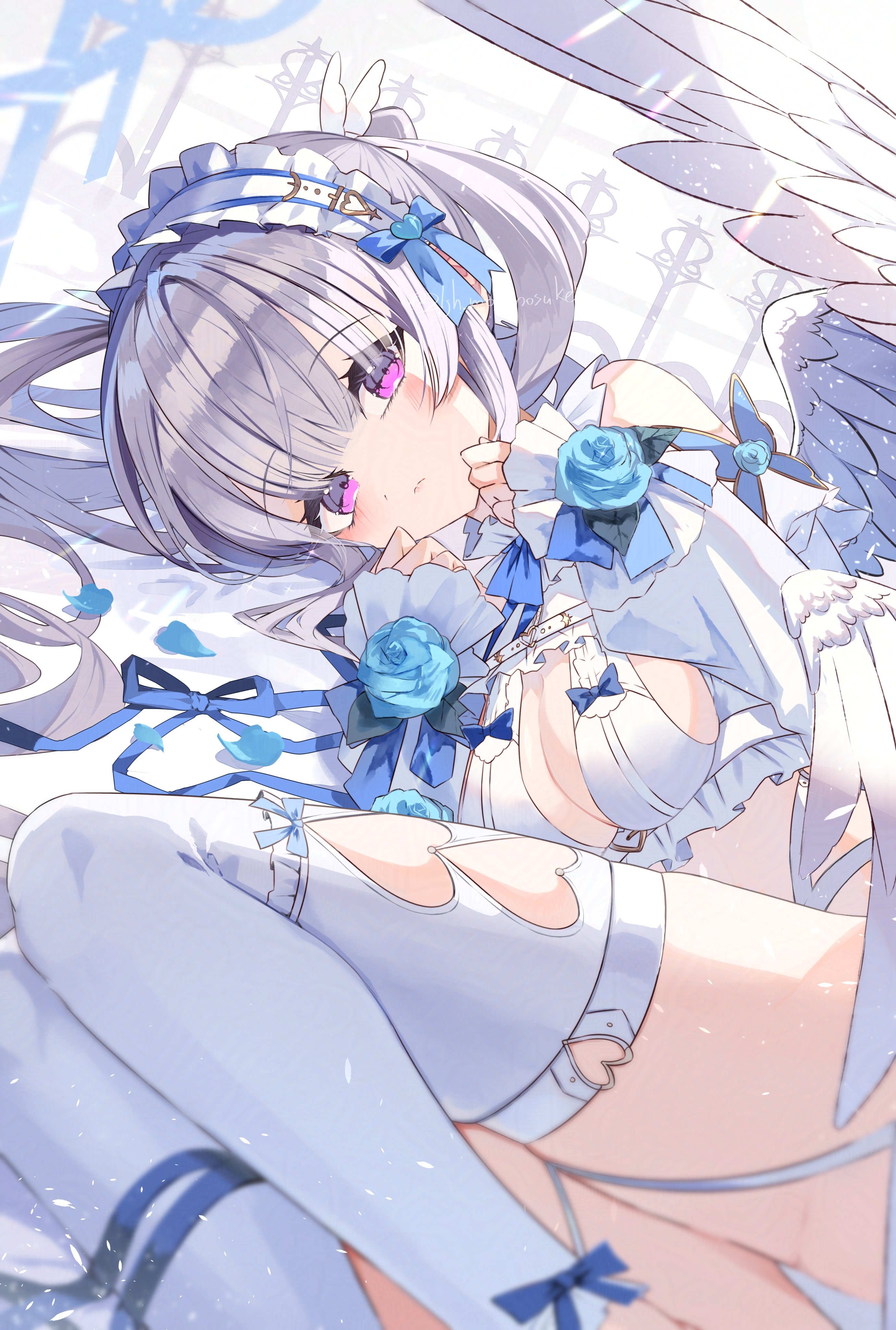 elritta, original, absurdres, highres, 1girl, angel wings, blue flower, blue ribbon, blue rose, breasts, cleavage, clothing cutout, feathered wings, flower, frills, grey hair, hairband, long hair, looking at viewer, lying, medium breasts, on side, purple eyes, ribbon, rose, solo, thighhighs, twintails, white thighhighs, white wings, wings