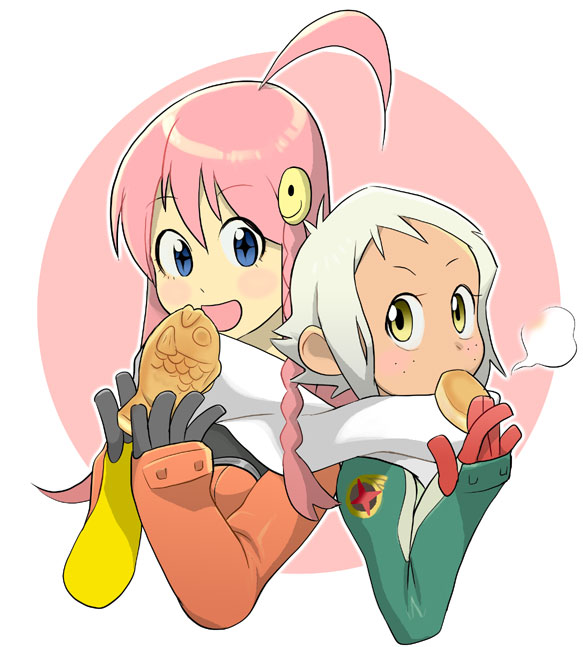 saitou yahu, lal'c mellk mal, nono (top wo nerae 2!), top wo nerae! (series), top wo nerae 2!, bad id, bad pixiv id, 00s, 2girls, ahoge, cookie, dark-skinned female, dark skin, food, freckles, multiple girls, pink hair, short hair, taiyaki, thumb hole, wagashi, white hair
