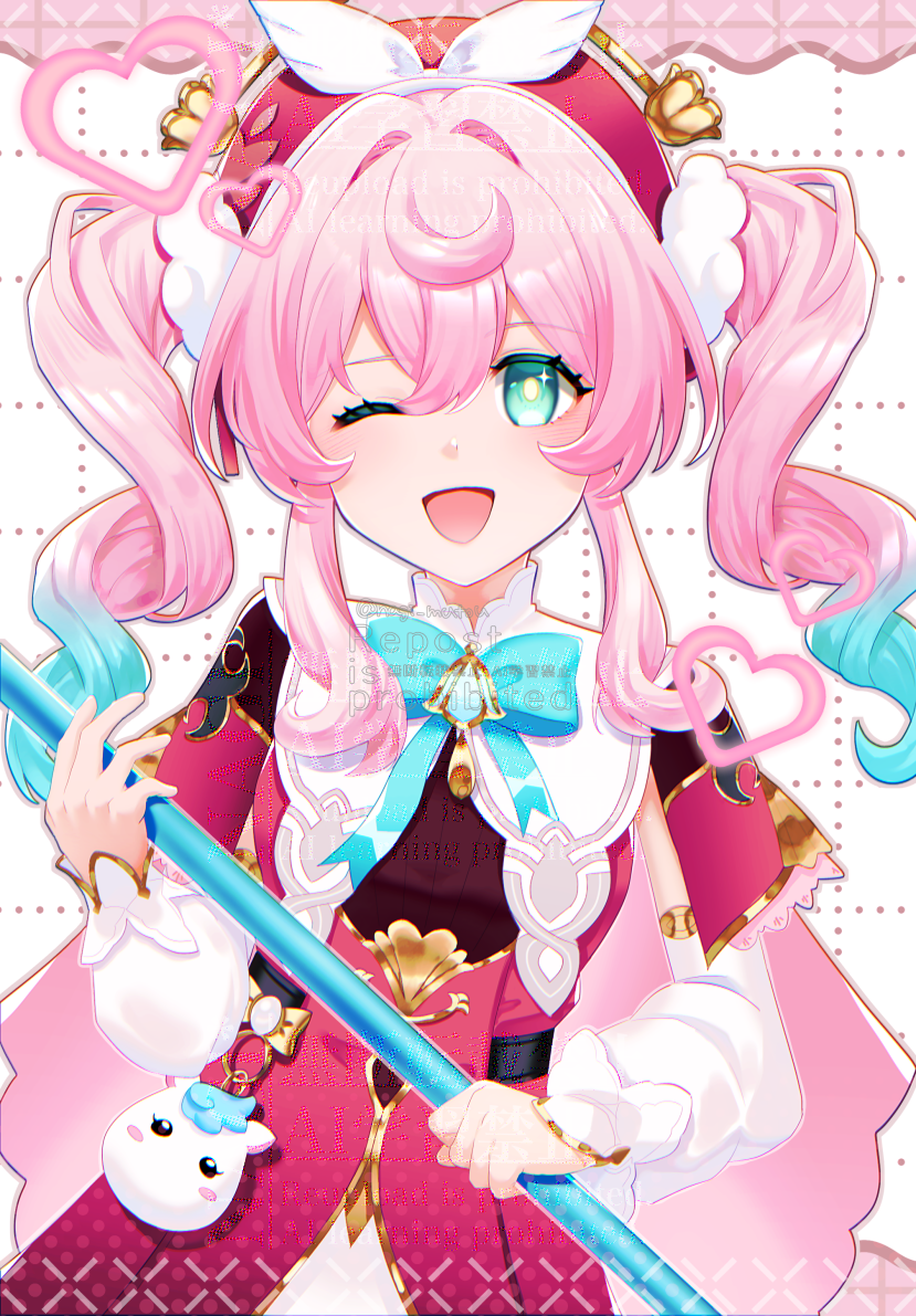 nagi (marthmoka), hyacine (honkai: star rail), honkai: star rail, honkai (series), 1girl, aqua eyes, aqua hair, bow, breasts, dress, drill hair, gradient hair, hat, long hair, looking at viewer, multicolored hair, open mouth, pantyhose, pink hair, red dress, red hat, smile, solo, twintails, two-tone hair, white pantyhose