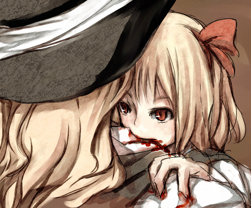 mishima hiroji, kirisame marisa, rumia, embodiment of scarlet devil, touhou, 2girls, biting, blonde hair, blood, female focus, from behind, multiple girls, red eyes, sketch, vampire