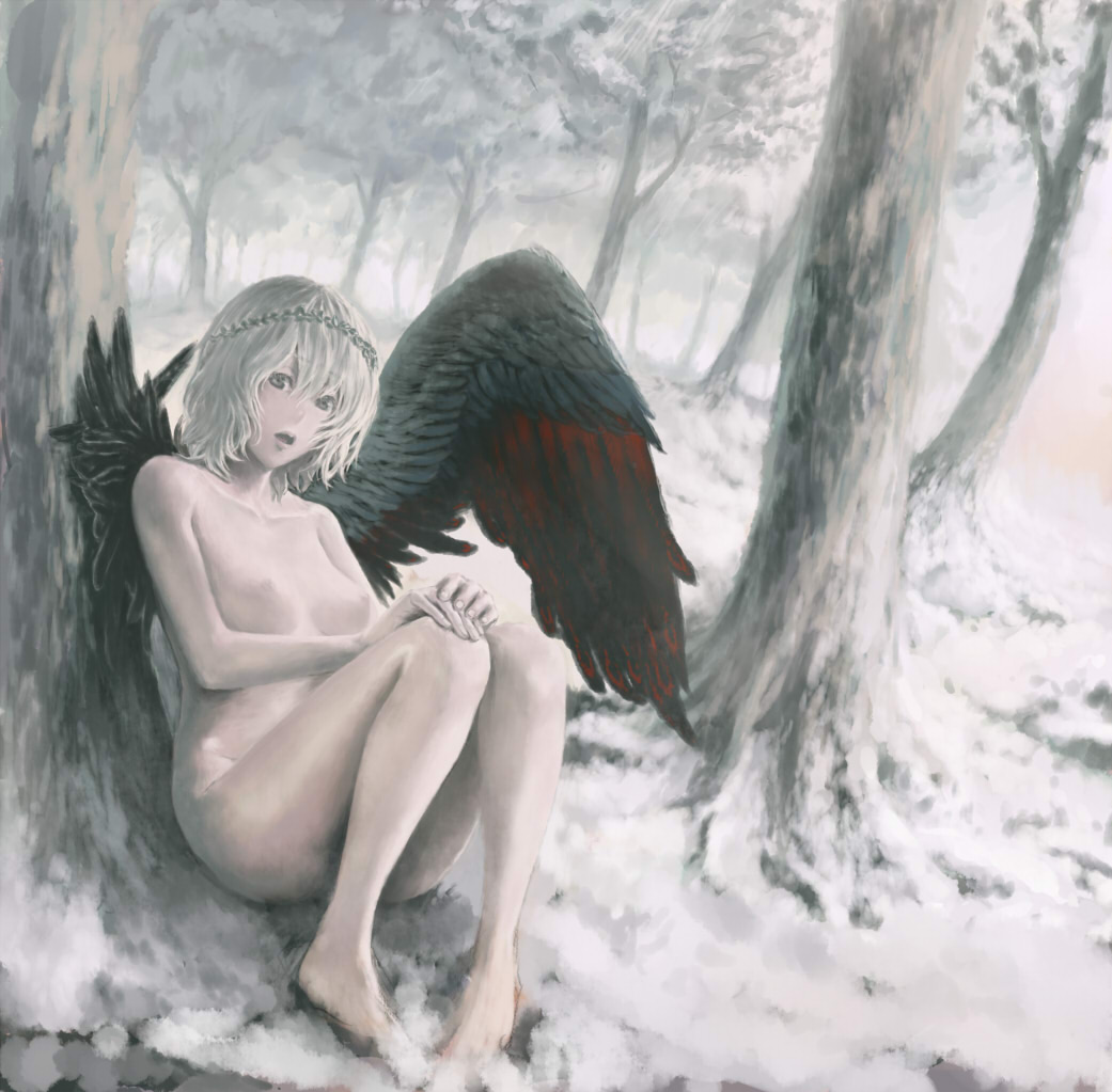 chiki (botugo), original, silver hair, 1girl, angel, barefoot, breasts, female focus, forest, grey eyes, grey theme, medium breasts, nature, nipples, nude, short hair, snow, solo, wings