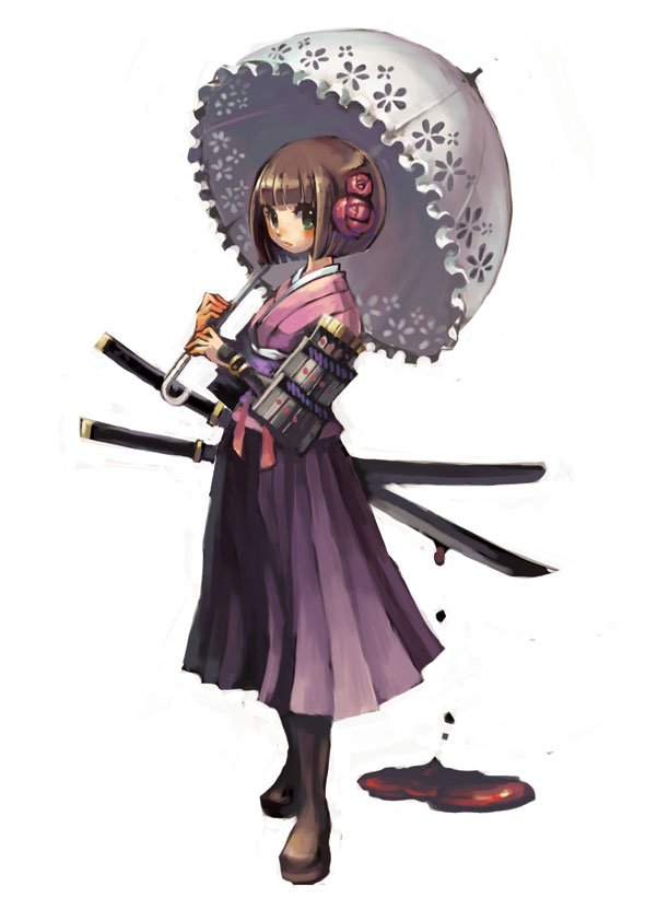 gin (oyoyo), bushidou (sekaiju), bushidou 4 (sekaiju), atlus, etrian odyssey, 1girl, armor, blood, bob cut, boots, brown hair, female focus, flower, green eyes, hair flower, hair ornament, hakama, hakama skirt, japanese armor, japanese clothes, parasol, samurai, shoulder armor, skirt, sode, solo, sword, umbrella, weapon