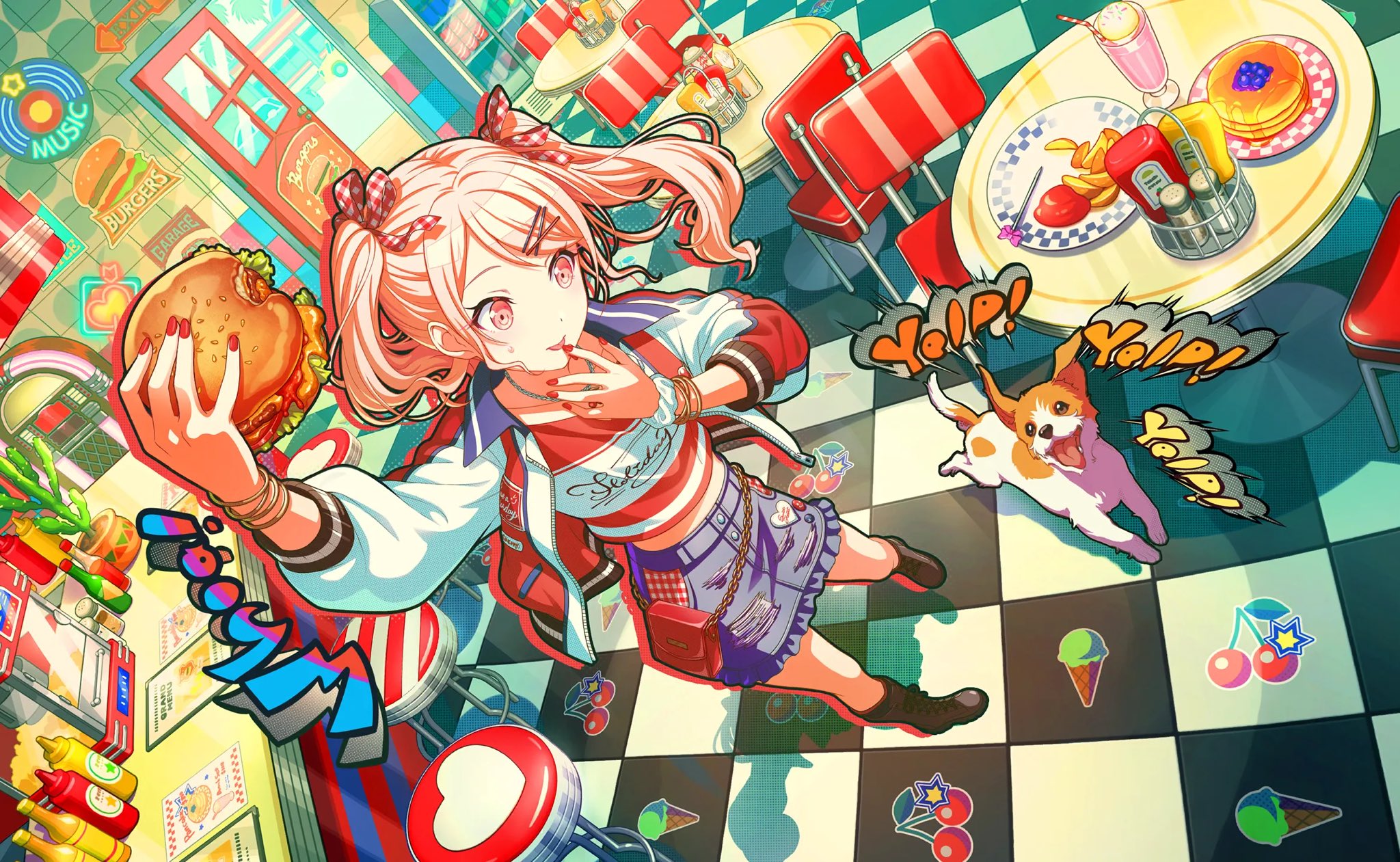 akiyama mizuki, project sekai, game cg, highres, 1other, androgynous, bag, blue skirt, boots, bow, bracelet, burger, chair, checkered floor, cup, denim, denim skirt, food, french fries, hair ribbon, holding, jacket, jewelry, ketchup, letterman jacket, long sleeves, official alternate costume, pink eyes, pink hair, plaid bow, plaid ribbon, plate, red jacket, ribbon, shirt, sign, skirt, standing, stool, twintails