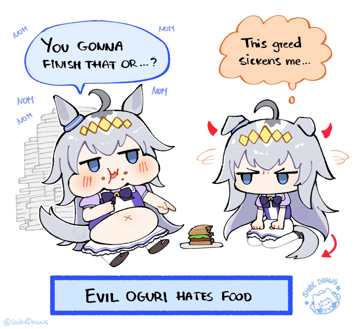 shibedraws, oguri cap (umamusume), umamusume, 2girls, ahoge, animal ears, belly, bloated, blue eyes, bow, burger, cheek bulge, crumbs, demon horns, demon tail, dual persona, ear ornament, english text, food, full stomach, glutton, grey hair, grey tail, hair between eyes, hair ornament, hairband, horns, horse ears, horse girl, horse tail, long hair, multicolored hair, multiple girls, open mouth, plate, puffy short sleeves, puffy sleeves, purple bow, purple serafuku, purple shirt, sailor collar, sailor shirt, school uniform, seiza, serafuku, shirt, short sleeves, sitting, skirt, speech bubble, stomach, tail, tracen school uniform, white sailor collar, white skirt
