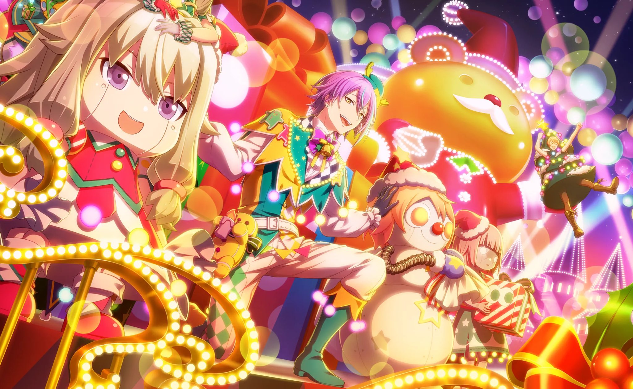 kamishiro rui, project sekai, game cg, highres, 1boy, 2girls, blonde hair, boots, box, christmas, christmas lights, gift, gift box, gloves, hat, long sleeves, multicolored hair, multiple girls, open mouth, pink hair, purple eyes, purple hair, santa hat, short hair, star (symbol), stuffed animal, stuffed toy, teddy bear, two-tone hair, yellow eyes