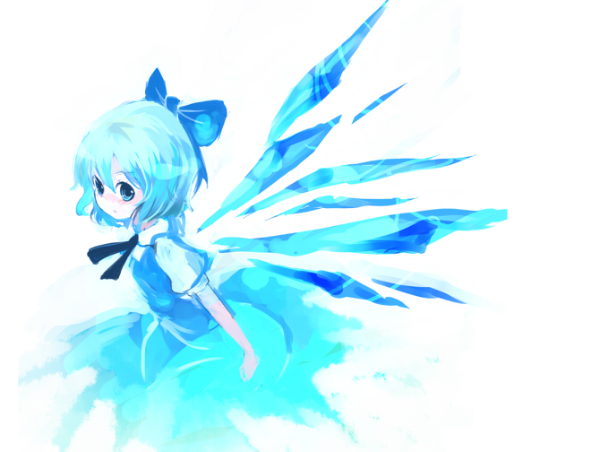cis (carcharias), cirno, touhou, 1girl, blue bow, blue dress, blue eyes, blue hair, blue ribbon, blue theme, blue wings, blush, bow, dress, female focus, hair bow, ice, ice wings, matching hair/eyes, neck ribbon, puffy short sleeves, puffy sleeves, ribbon, shirt, short hair, short sleeves, simple background, solo, tareme, upper body, white background, wings
