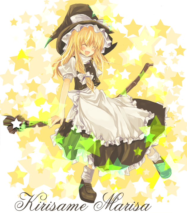 haneko, kirisame marisa, touhou, 1girl, blonde hair, broom, broom riding, closed eyes, female focus, haneneko, sidesaddle, smile, solo, star (symbol)