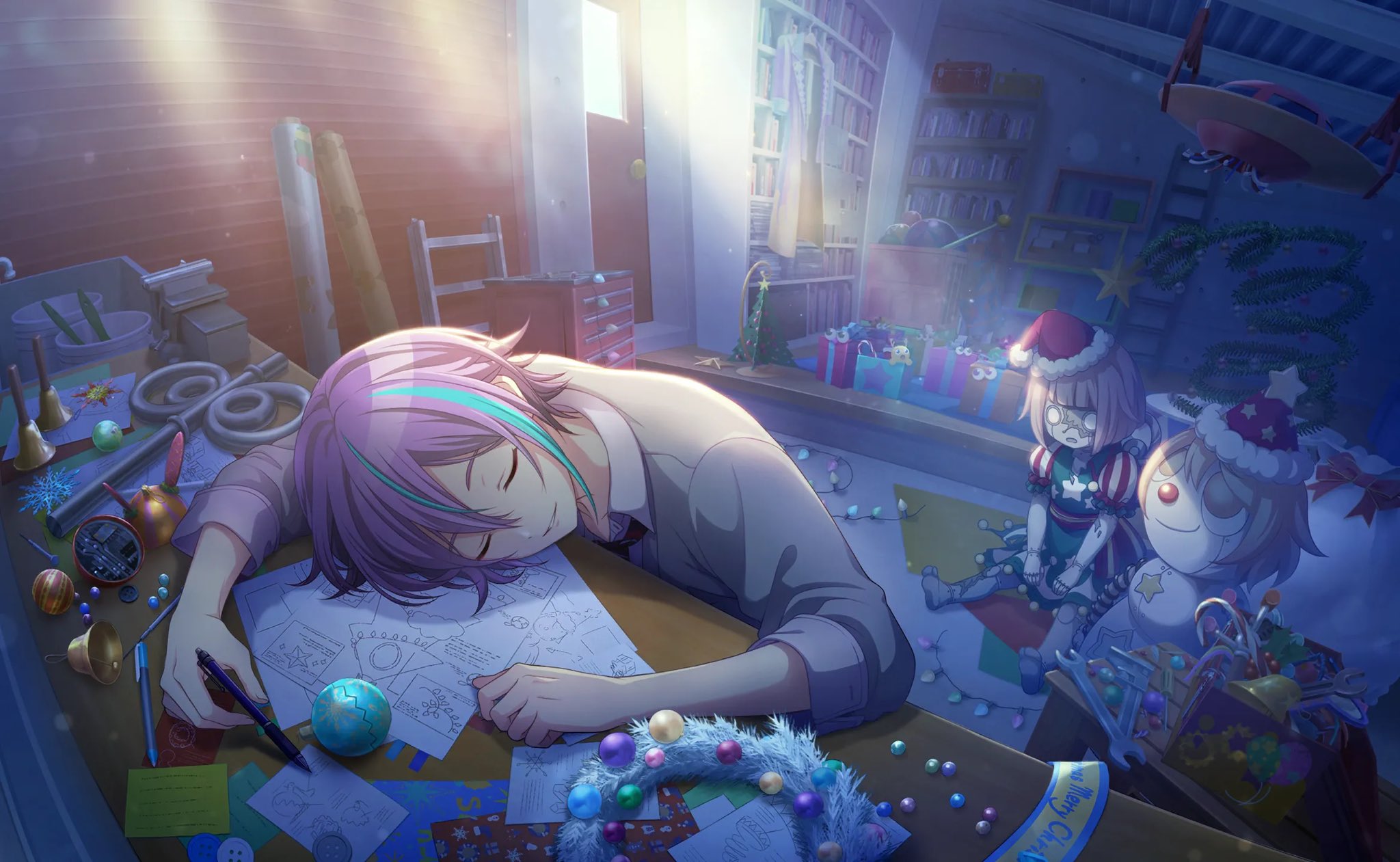 kamishiro rui, project sekai, game cg, highres, 1boy, aqua hair, bookshelf, box, cabinet, cardigan, character doll, christmas, christmas ornaments, christmas tree, closed eyes, collared shirt, doll, door, gift, gift box, grey cardigan, hat, indoors, kamiyama high school uniform (project sekai), male focus, multicolored hair, necktie, paper, pencil, purple hair, santa hat, school uniform, shirt, short hair, sleeping, streaked hair, two-tone hair, window