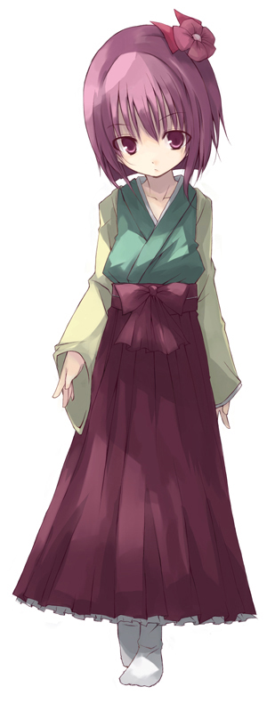 hieda no akyuu, perfect memento in strict sense, touhou, 1girl, blush, expressionless, female focus, floral print, flower, hair flower, hair ornament, hakama, hakama short skirt, hakama skirt, heida no akyuu, japanese clothes, kimono, long sleeves, looking at viewer, miko, red hakama, red skirt, short hair, skirt, socks, solo, standing, tabi, tareme, white socks