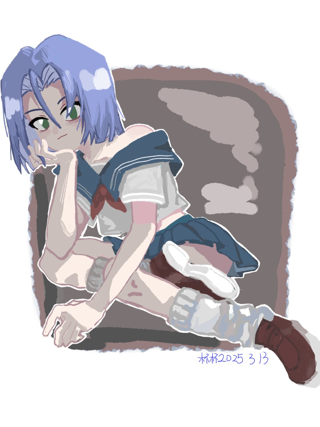 jbbxjzjz30342, james (pokemon), nintendo, pokemon, pokemon (anime), pokemon (classic anime), highres, 1boy, blue hair, blue sailor collar, blue skirt, border, brown background, crossdressing, crossdressing (mtf), curtained hair, dated, green eyes, green hair, happy, loafers, looking at viewer, loose socks, miniskirt, neckerchief, off shoulder, pleated skirt, purple hair, red neckerchief, sailor collar, school uniform, serafuku, shirt, shoes, short hair, short sleeves, skirt, socks, team rocket, trap, white border, white shirt
