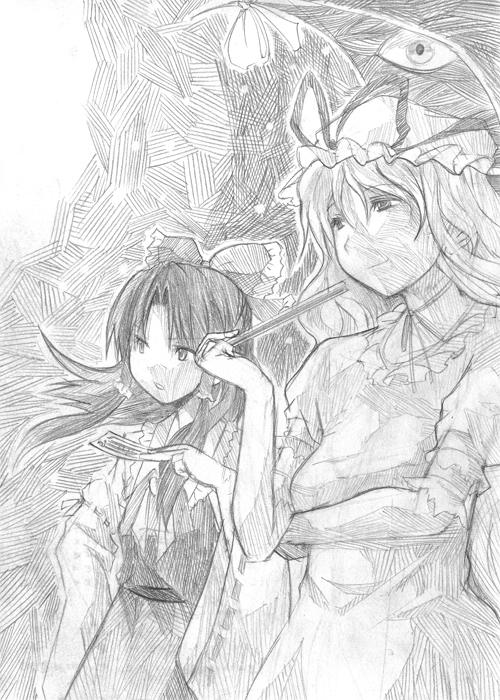 shironeko, tsuji kazuho, tsuji kazuo, hakurei reimu, yakumo yukari, touhou, 2girls, female focus, gap (touhou), greyscale, monochrome, multiple girls, sketch