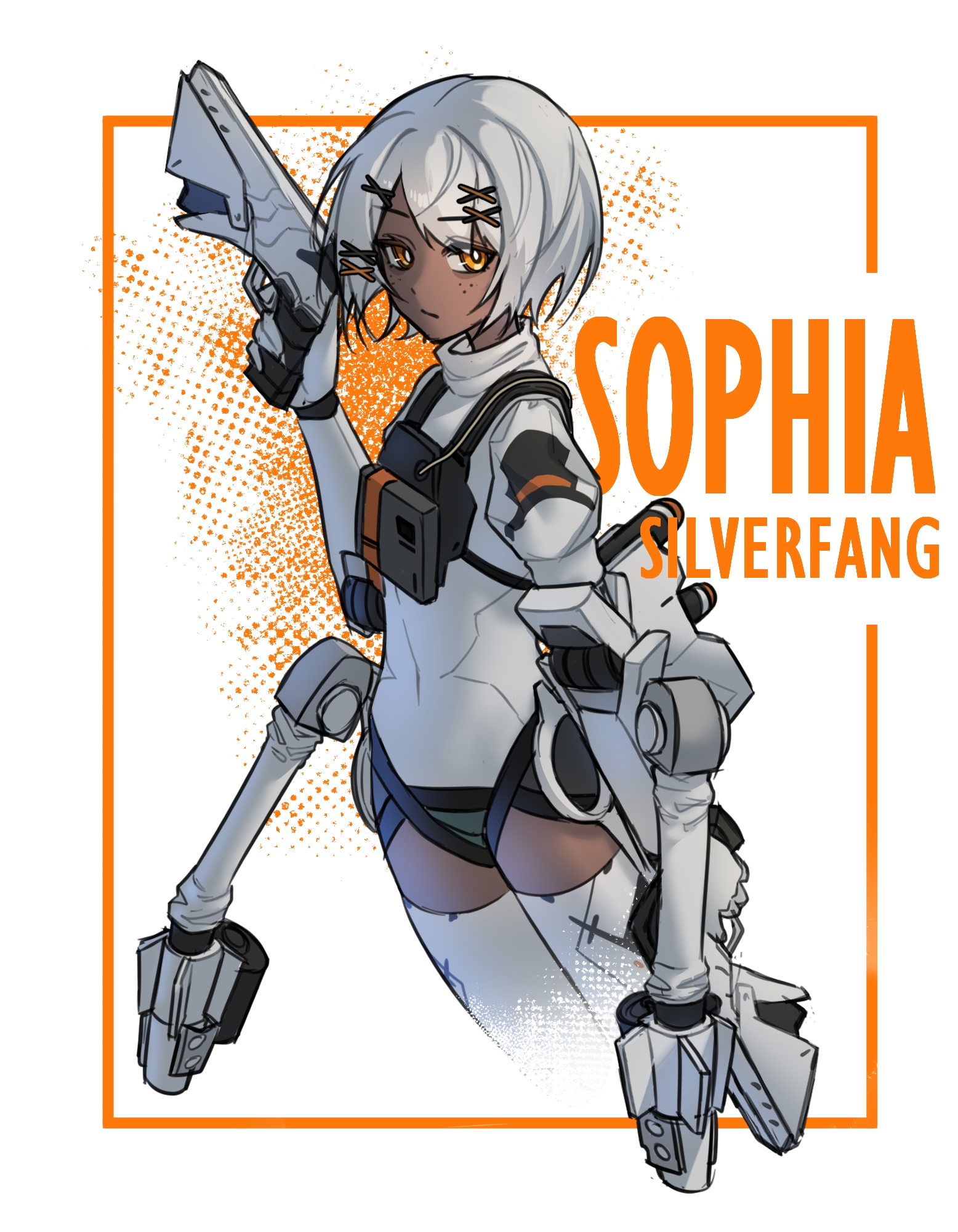 c0ffeenn, sophia: silverfang (pgr), sophia (pgr), punishing: gray raven, highres, 1girl, bodysuit, dark-skinned female, dark skin, extra arms, flat chest, freckles, grey bodysuit, grey hair, grey tail, gun, hair ornament, handgun, holding, holding gun, holding weapon, looking at viewer, mechanical arms, medium hair, orange eyes, petite, solo, weapon, x hair ornament