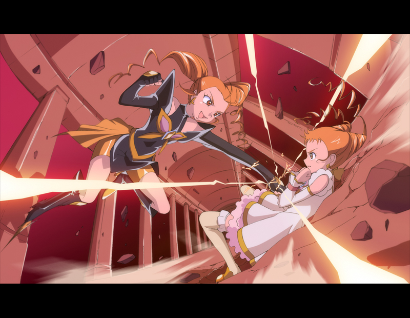 hayakawa harui, cure lemonade, dark lemonade, kasugano urara (yes! precure 5), precure, yes! precure 5, 00s, 2girls, anime coloring, battle, cone hair bun, crack, cracked floor, dark cure (yes! precure 5), hair bun, letterboxed, magical girl, multiple girls, punching, shorts, shorts under skirt
