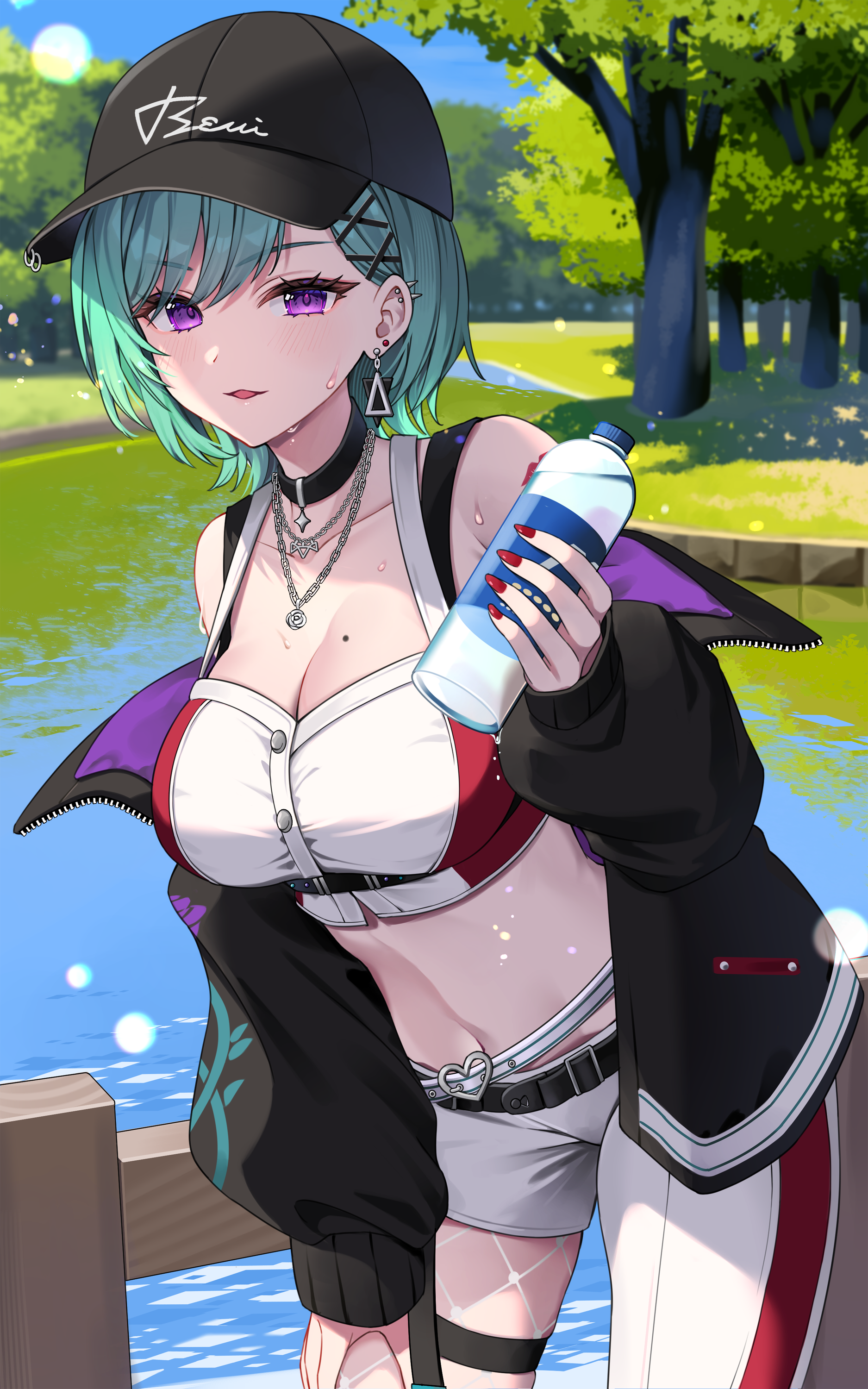 mashita (kuzsat), yakumo beni, yakumo beni (4th costume), vspo!, absurdres, commentary request, highres, 1girl, asymmetrical clothes, baseball cap, black choker, black hat, black jacket, blush, bottle, breasts, choker, cleavage, ear piercing, earrings, green hair, hair ornament, hand up, hat, holding, holding bottle, jacket, jewelry, large breasts, midriff, mole, mole on breast, nail polish, navel, necklace, off shoulder, open clothes, open jacket, outdoors, pants, park, piercing, plastic bottle, purple eyes, red nails, short hair, single pantsleg, solo, sweat, thigh strap, tree, two-sided fabric, two-sided jacket, virtual youtuber, water, water bottle, white bustier, white pants