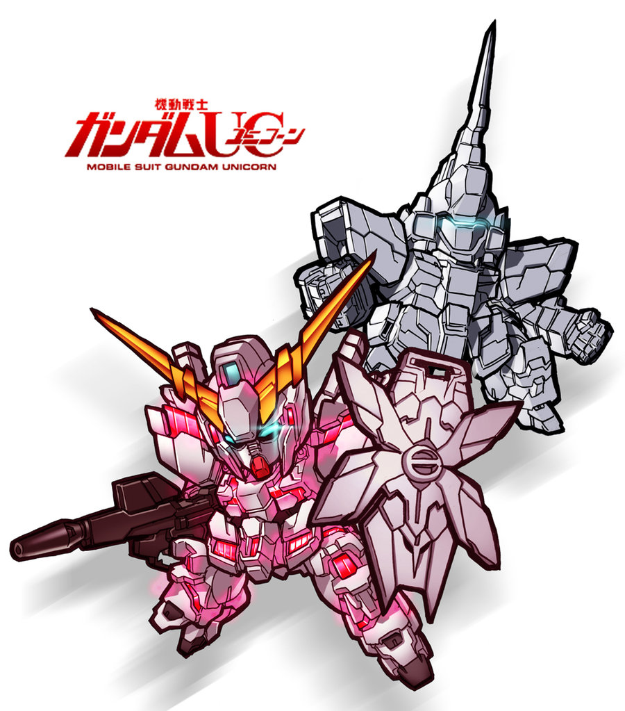 unicorn gundam, gundam, gundam unicorn, beam rifle, chibi, dual persona, energy gun, gun, mecha, no humans, nt-d, robot, shield, weapon