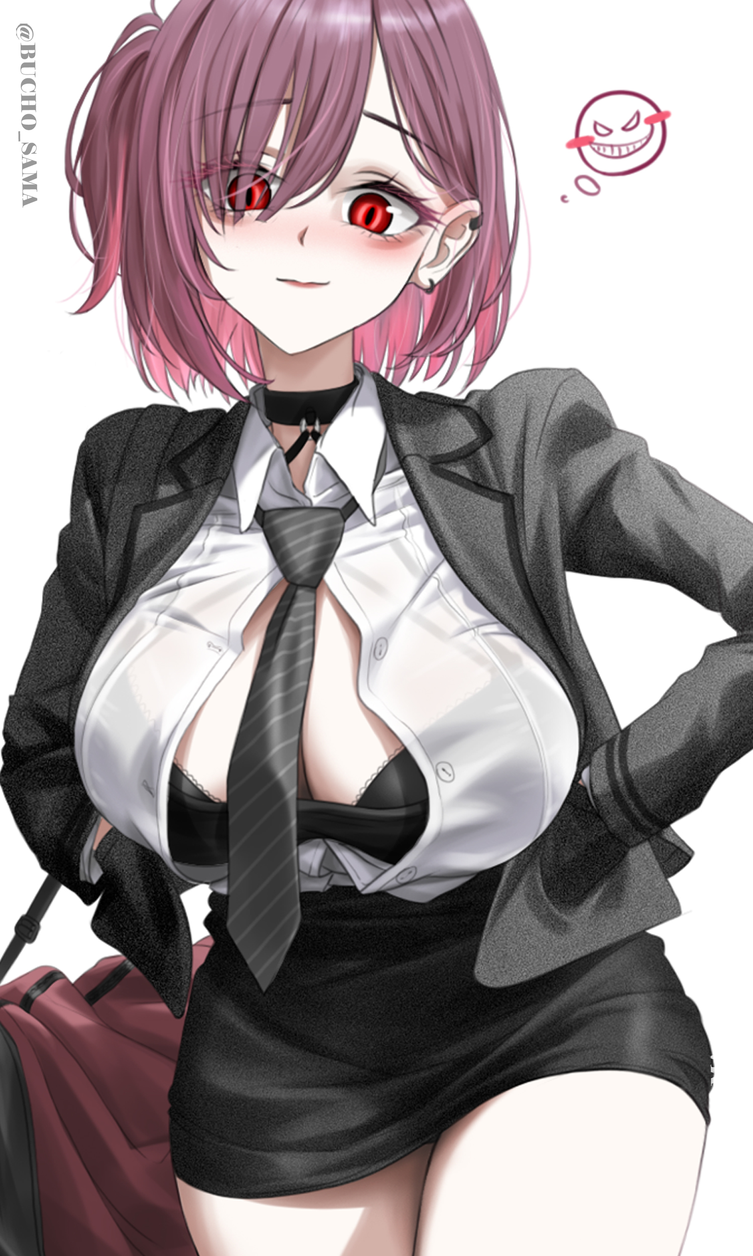 bucho sama, ziz (nikke), goddess of victory: nikke, absurdres, highres, 1girl, black bra, black choker, black jacket, black necktie, black shoes, black skirt, blush, bra, breasts, choker, closed mouth, hair behind ear, hair over one eye, hands in pockets, jacket, looking at viewer, miniskirt, necktie, one side up, open clothes, open shirt, pencil skirt, purple hair, red eyes, shirt, shoes, short hair, skirt, smile, solo, underwear, white shirt