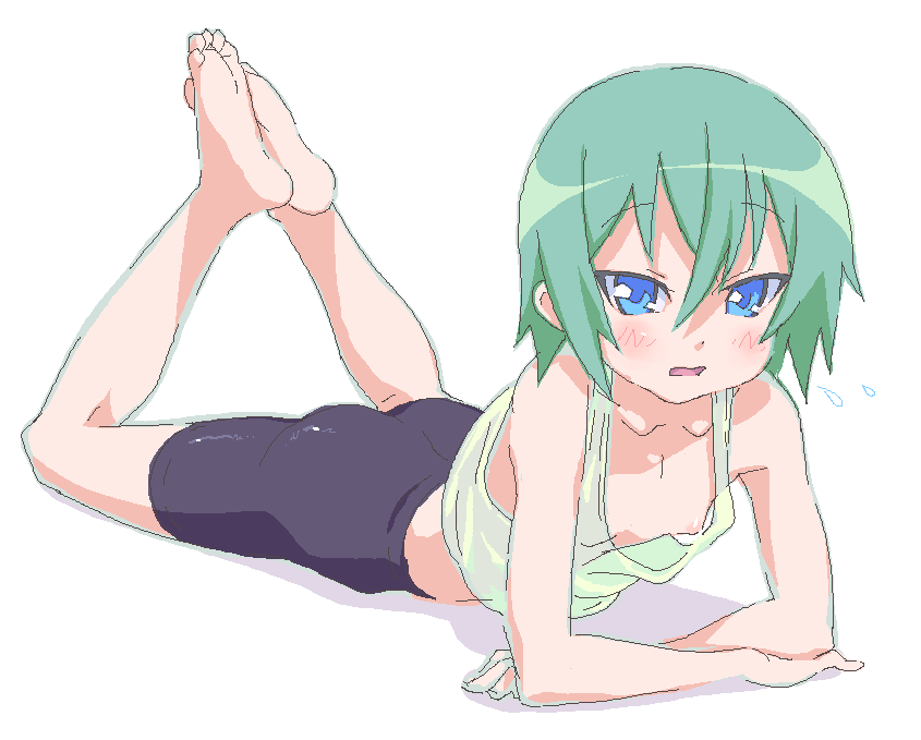 sakenotorii, iwasaki minami, lucky star, 00s, 1girl, barefoot, downblouse, feet, female focus, flat chest, nipple slip, nipples, no bra, soles, solo, tank top