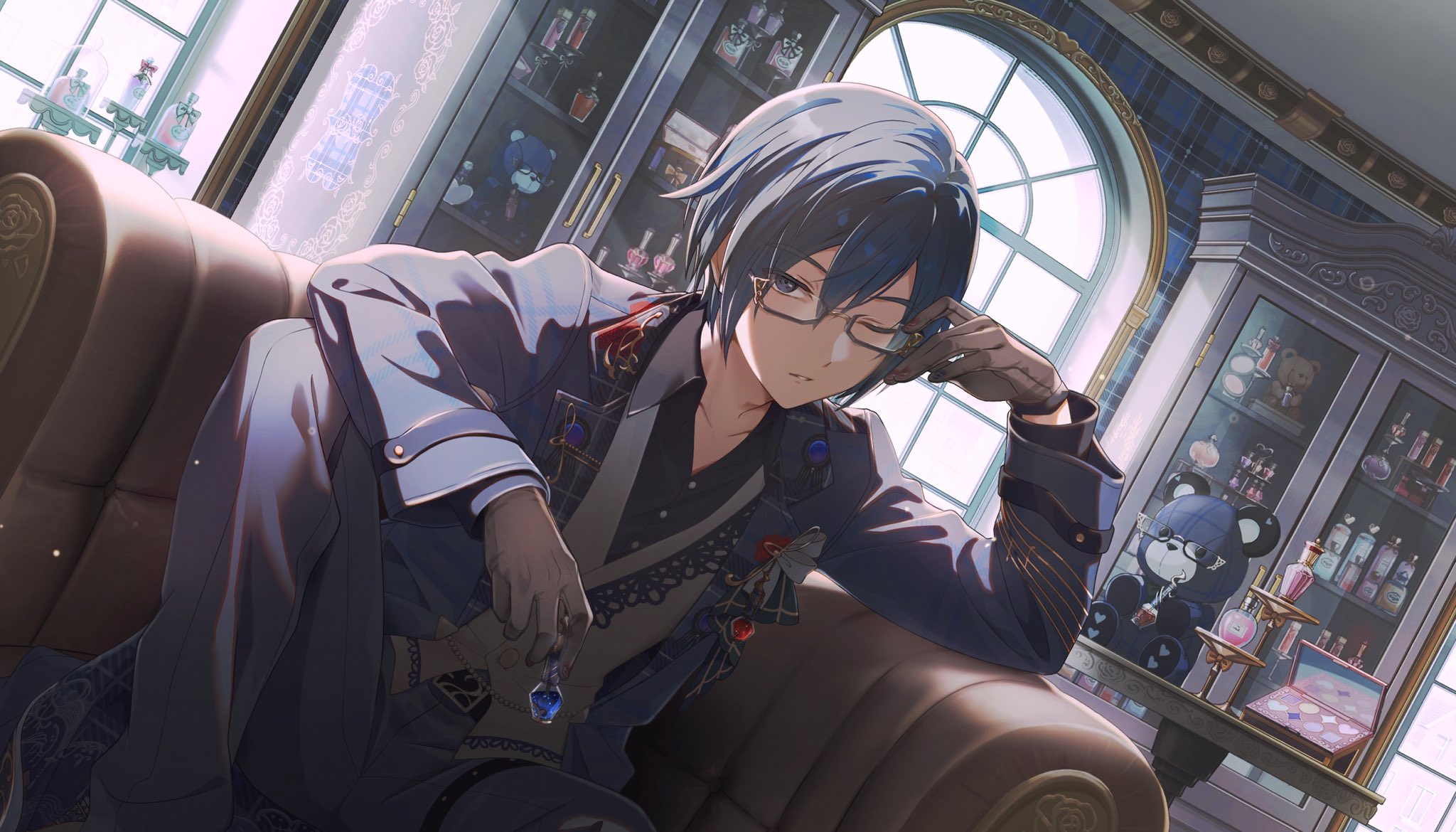 kaito (vocaloid), project sekai, highres, 1boy, belt, black shirt, blue eyes, blue hair, blue jacket, collared shirt, gem, glasses, gloves, hair between eyes, holding, indoors, jacket, lapels, long sleeves, looking at viewer, male focus, notched lapels, official alternate costume, one eye closed, pants, parted lips, shelf, shirt, short hair, sitting, solo, vest, window