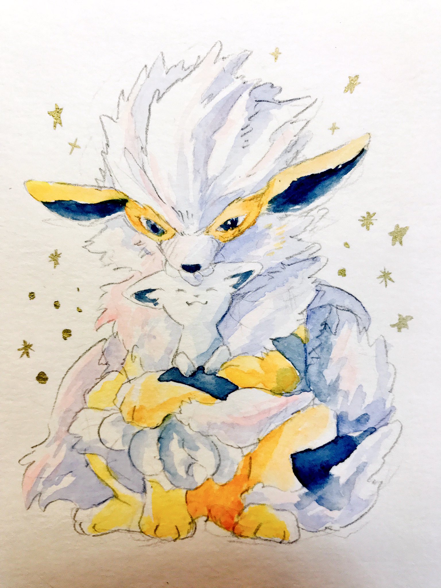 mint nappa, alolan vulpix, arcanine, nintendo, pokemon, commentary request, highres, painting (medium), traditional media, watercolor (medium), alolan form, animal focus, black eyes, full body, gen 1 pokemon, gen 7 pokemon, looking at another, no humans, simple background