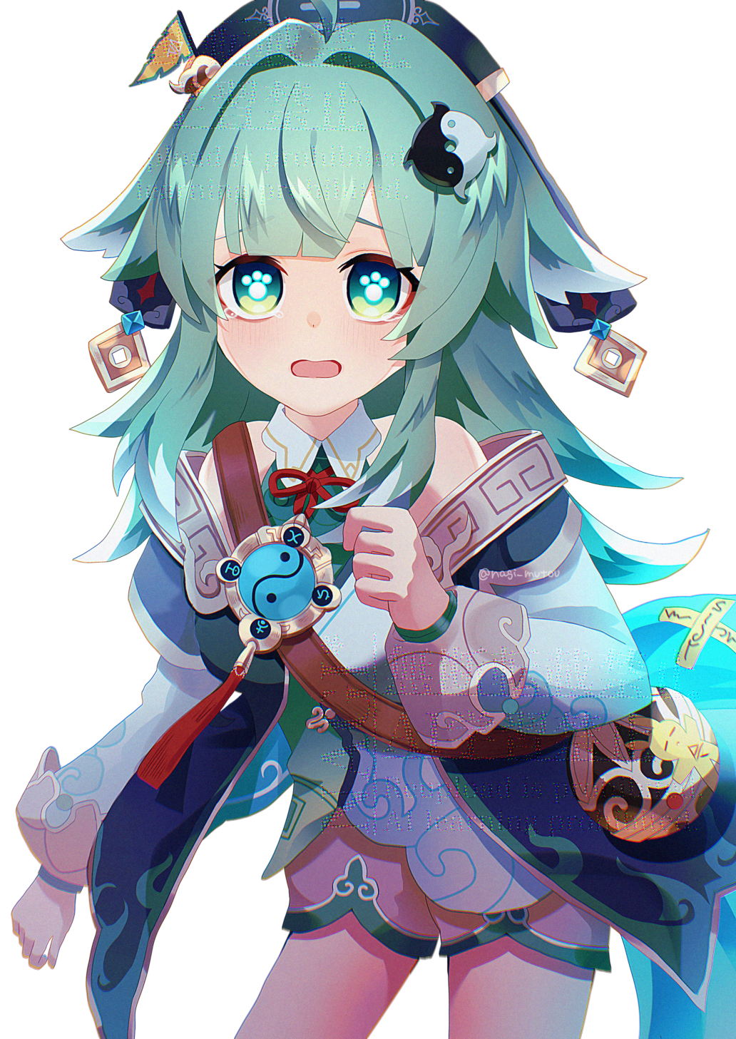 nagi (marthmoka), huohuo (honkai: star rail), honkai: star rail, honkai (series), highres, 1girl, ahoge, animal ears, blush, fox ears, fox girl, green eyes, green hair, hat, holding, long hair, long sleeves, looking at viewer, open mouth, paw-shaped pupils, solo, symbol-shaped pupils, tail, yin yang hair ornament