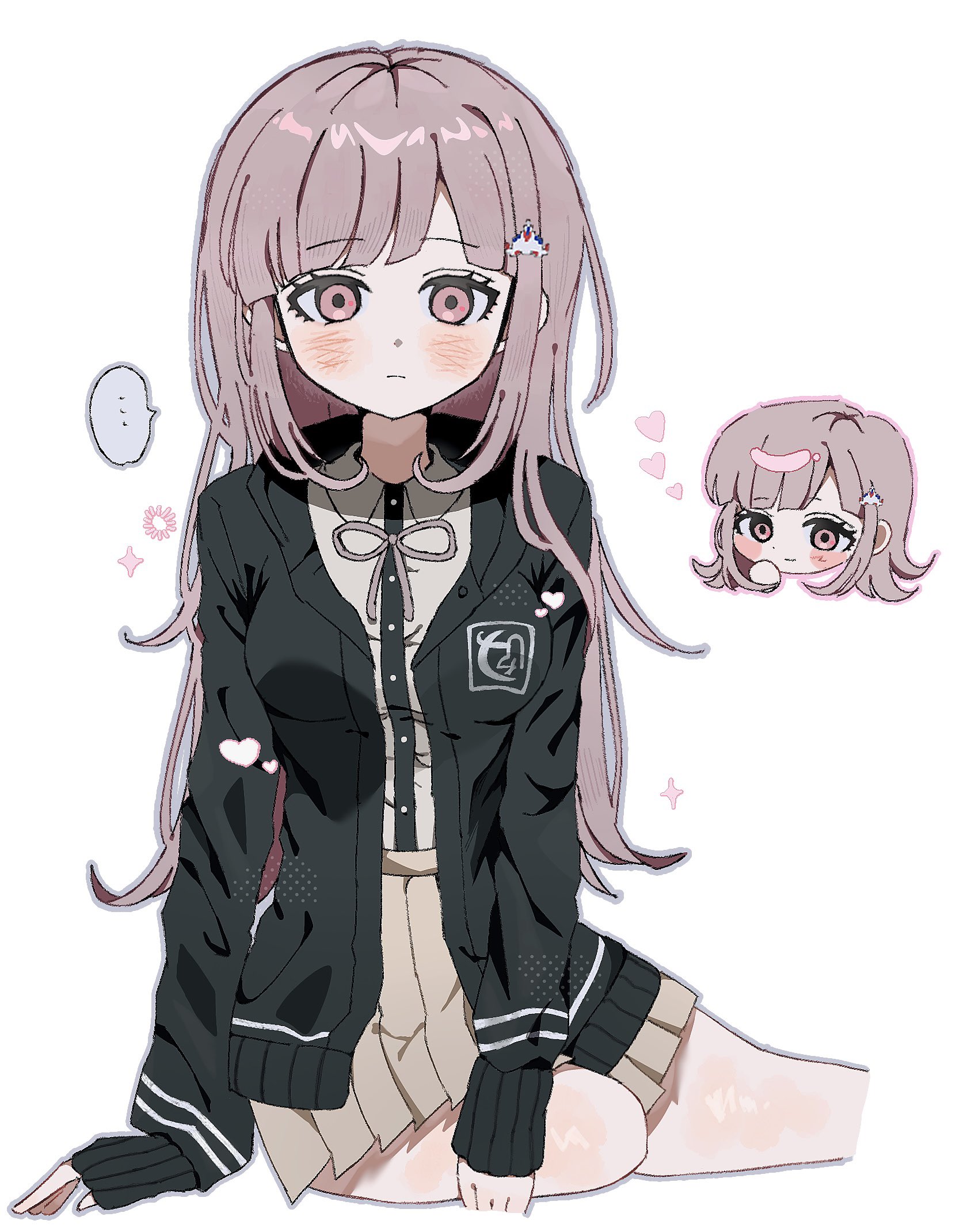 mikomi (90m5x), nanami chiaki, danganronpa (series), danganronpa 2: goodbye despair, commentary request, highres, …, 1girl, alternate hairstyle, black jacket, blunt bangs, blush, brown skirt, chibi, chibi inset, cowboy shot, dress shirt, facing viewer, flower, frown, hair ornament, hand on ground, hand on own face, hand on own thigh, jacket, long hair, looking at viewer, multiple views, on ground, outline, pink eyes, pink flower, pink hair, pink ribbon, pleated skirt, ribbon, shirt, short hair, sidelocks, simple background, skirt, speech bubble, star (symbol), thighs, white background, white shirt