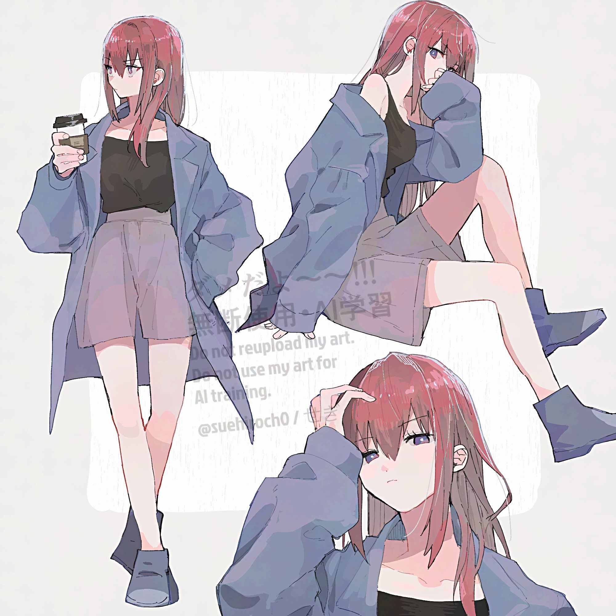 suehiroch0, makise kurisu, science adventure, steins;gate, commentary, highres, 1girl, alternate costume, bare shoulders, black tank top, blue boots, blue jacket, boots, breasts, bright pupils, cup, disposable coffee cup, disposable cup, expressionless, grey shorts, hair between eyes, hand on own head, high-waist shorts, holding, holding cup, jacket, long hair, looking at viewer, looking to the side, loose hair strand, medium breasts, multiple views, purple eyes, red hair, shirt tucked in, shorts, sidelocks, tank top, watermark, white pupils