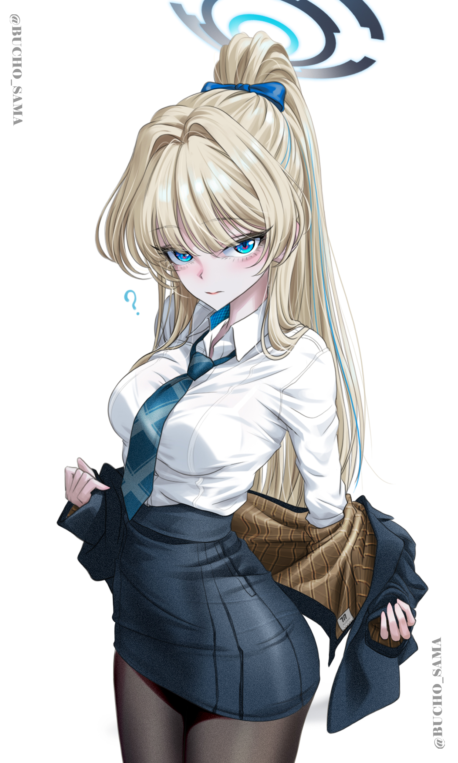 bucho sama, toki (blue archive), blue archive, absurdres, highres, 1girl, ?, alternate costume, alternate hairstyle, black pantyhose, blonde hair, blue bow, blue eyes, blue halo, blue jacket, blue necktie, blue skirt, blush, bow, breasts, closed mouth, hair bow, halo, jacket, kneeling, large breasts, looking at viewer, necktie, open clothes, open jacket, pantyhose, pencil skirt, ponytail, shirt, sidelocks, skirt, socks, socks over pantyhose, solo, white shirt, white socks