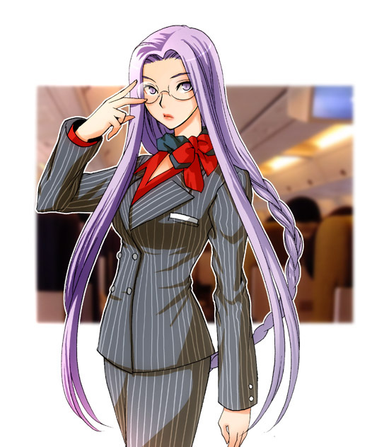 medusa (fate), medusa (rider) (fate), fate/stay night, fate (series), 00s, adjusting eyewear, braid, formal clothes, glasses, long hair, purple eyes, purple hair, solo, suit, very long hair