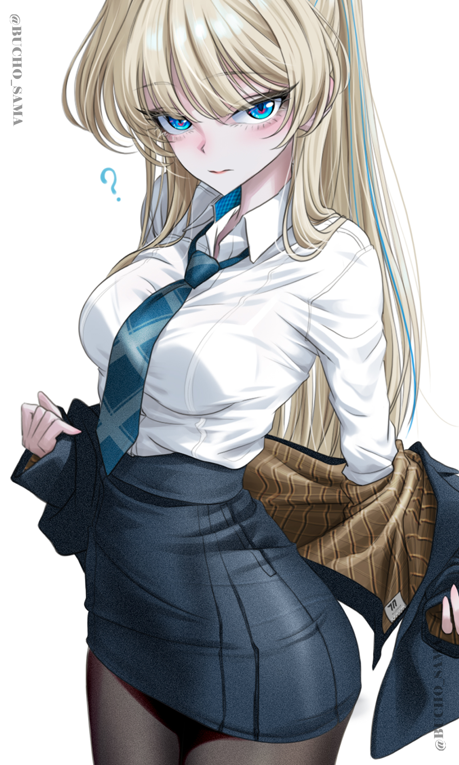 bucho sama, toki (blue archive), blue archive, absurdres, highres, 1girl, ?, alternate costume, alternate hairstyle, black pantyhose, blonde hair, blue bow, blue eyes, blue halo, blue jacket, blue necktie, blue skirt, blush, bow, breasts, closed mouth, hair bow, halo, jacket, kneeling, large breasts, looking at viewer, necktie, open clothes, open jacket, pantyhose, pencil skirt, ponytail, shirt, sidelocks, skirt, socks, socks over pantyhose, solo, white shirt, white socks
