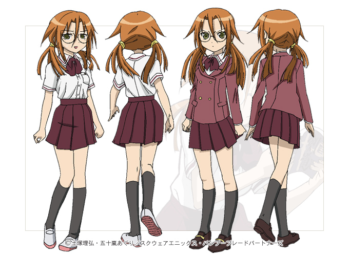 azuma satori, bamboo blade, 00s, arms at sides, black socks, blouse, breast pocket, collared shirt, full body, glasses, hair between eyes, kneehighs, miniskirt, multiple views, outside border, pocket, school uniform, serafuku, shirt, shoes, skirt, socks, standing, twintails, uwabaki, v-shaped eyebrows, white background, white shirt