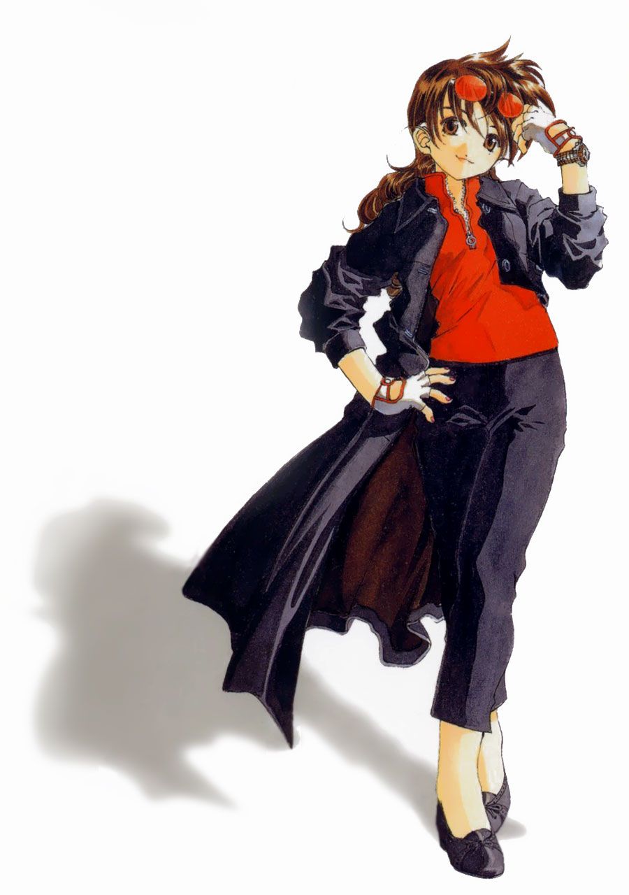 fujishima kousuke, morisato takano, aa megami-sama, highres, 1girl, brown eyes, brown hair, coat, contrapposto, female focus, fingerless gloves, gloves, mature female, solo, standing, sunglasses