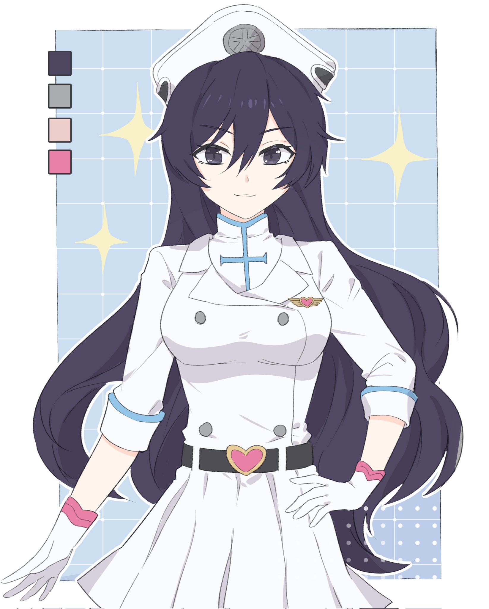 deadman70232800, bambietta basterbine, bleach, bleach: sennen kessen-hen, commentary, english commentary, highres, >:), 1girl, arm at side, belt, black belt, black eyes, blue background, border, breasts, brooch, buttons, closed mouth, cowboy shot, double-breasted, gloves, hair between eyes, hand on own hip, hat, heart, heart belt, heart brooch, jacket, jewelry, long hair, long sleeves, looking at viewer, medium breasts, military hat, miniskirt, outline, outside border, pleated skirt, simple background, skirt, smile, solo, sparkle, split mouth, v-shaped eyebrows, very long hair, white border, white gloves, white hat, white jacket, white outline, white skirt