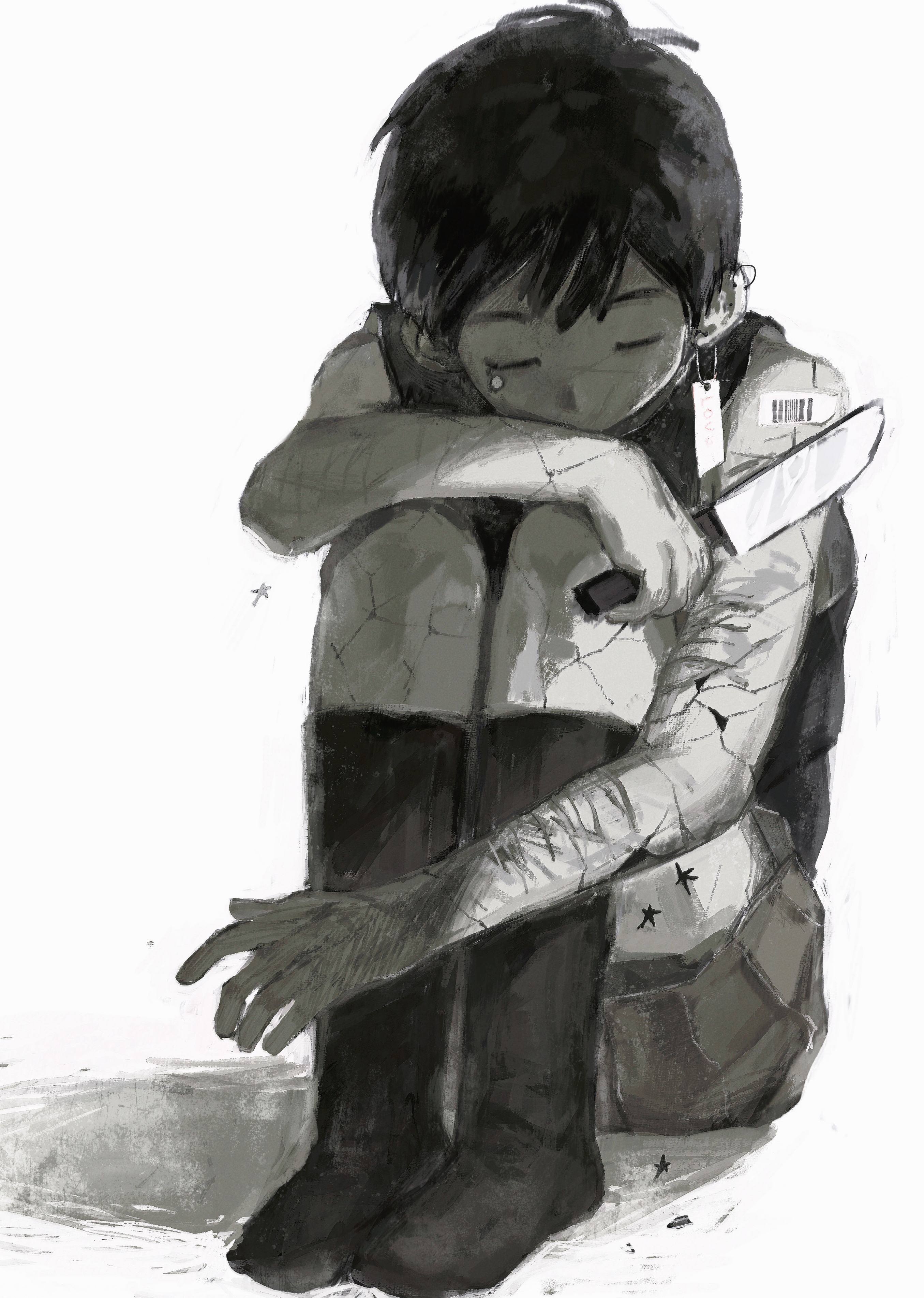 omori (omori), omori, absurdres, chinese commentary, commentary request, highres, 1boy, antenna hair, arm rest, barcode, bare arms, bare shoulders, closed eyes, covered mouth, earrings, facing viewer, full body, greyscale, hair behind ear, holding, holding knife, hoop earrings, jewelry, kneehighs, knees up, knife, lztaraest, male focus, monochrome, no shoes, painterly, self-harm, shadow, shirt, short hair, shorts, simple background, single earring, sitting, sleeveless, sleeveless shirt, socks, solo, star (symbol), tearing up, u u, very short hair, white background
