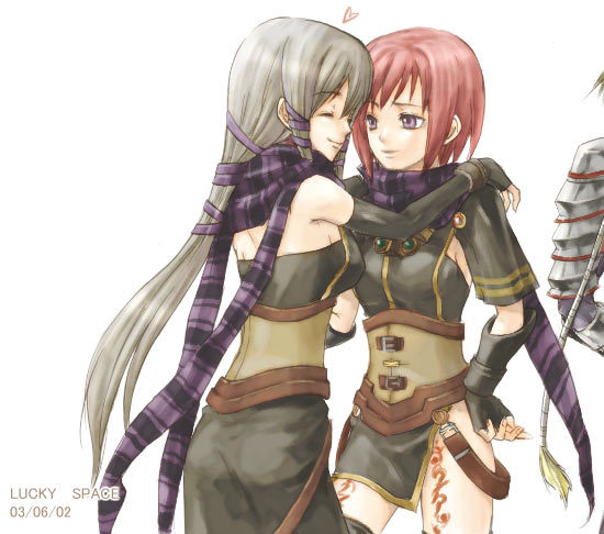 albel nox, clair lasbard, nel zelpher, square enix, star ocean, star ocean: till the end of time, 2girls, elbow gloves, gloves, multiple girls, scarf, striped clothes, striped scarf, yuri