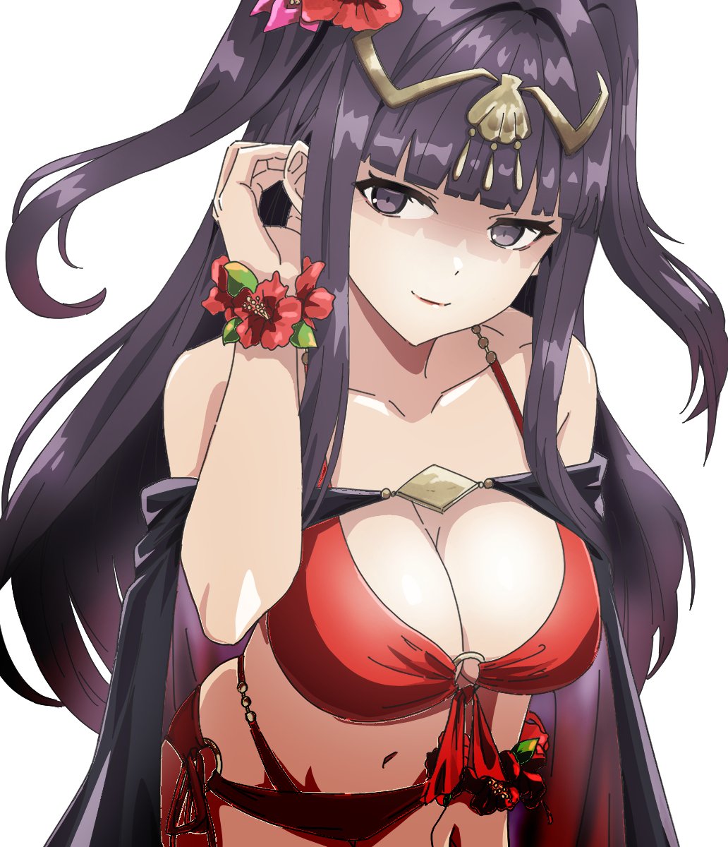 donguri (reji22), tharja (fire emblem), tharja (summer) (fire emblem), fire emblem, fire emblem awakening, fire emblem heroes, nintendo, highres, 1girl, adjusting hair, bare shoulders, bikini, black cape, black hair, blunt bangs, bracelet, breasts, cape, cleavage, closed mouth, collarbone, flower, flower bracelet, hair flower, hair ornament, hibiscus, jewelry, large breasts, leaning forward, long hair, looking at viewer, navel, o-ring, o-ring bikini, official alternate costume, red bikini, red flower, simple background, smile, solo, swimsuit, tiara, two-tone cape, white background
