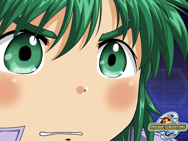 masaki andoh, banpresto, super robot wars, super robot wars original generation, super robot wars the lord of elemental, green eyes, green hair, gununu (meme), male focus, meme, solo
