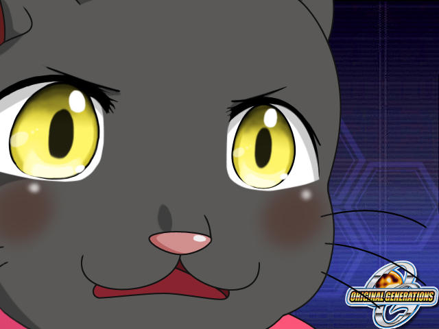 kuro (srw), banpresto, super robot wars, super robot wars original generation, :3, animal, body fur, cat, gununu (meme), meme, no humans, parted lips, upper body, whiskers