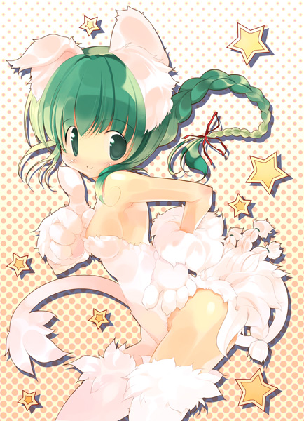 hanpen, puus, 1girl, animal ears, animal hands, armpits, bare shoulders, blush, braid, cowboy shot, female focus, from side, gloves, green eyes, green hair, halftone, halftone background, looking at viewer, looking to the side, matching hair/eyes, paw gloves, shadow, sidelocks, single braid, smile, solo, standing, star (symbol), tail, tareme
