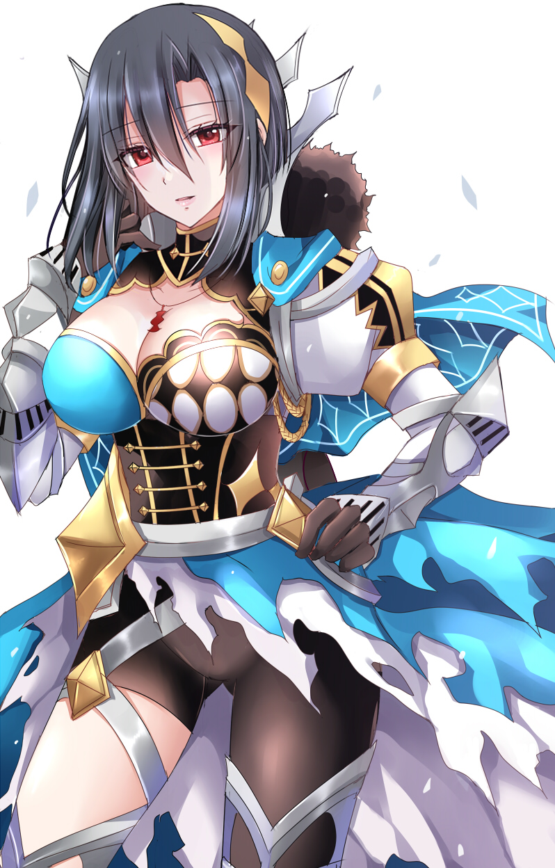kirishima riona, nel (fire emblem), fire emblem, fire emblem engage, nintendo, highres, 1girl, armored collar, asymmetrical bangs, asymmetrical clothes, asymmetrical legwear, black hair, black pants, blush, breasts, cleavage, cleavage cutout, clothing cutout, dress, fur trim, gloves, gluteal fold, hair between eyes, hair ornament, jewelry, large breasts, long sleeves, looking at viewer, necklace, pants, parted lips, red eyes, short hair, simple background, solo, thigh armor, thighs, torn clothes, uneven legwear, white background
