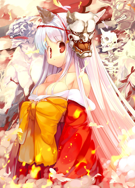 hanpen, puus, 1girl, breasts, cleavage, demon, feathers, female focus, horns, mask, medium breasts, monster, oni, red eyes, ribbon, single horn, skeleton, solo, white hair