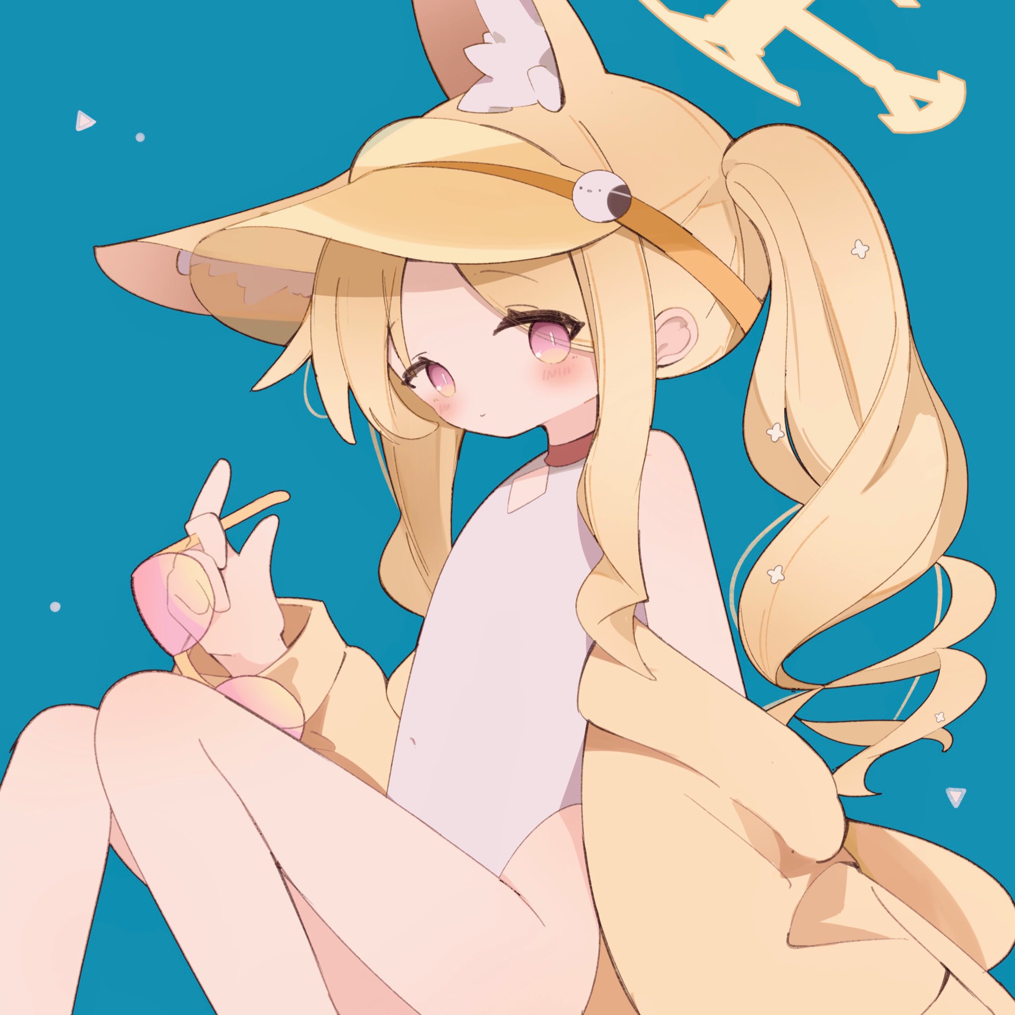 user wyxr8822, seia (blue archive), seia (swimsuit) (blue archive), blue archive, highres, 1girl, animal ears, blonde hair, blush, breasts, fox ears, fox girl, halo, jacket, long hair, looking at viewer, official alternate costume, one-piece swimsuit, side ponytail, solo, sunglasses, swimsuit, visor cap, white one-piece swimsuit, yellow halo, yellow jacket