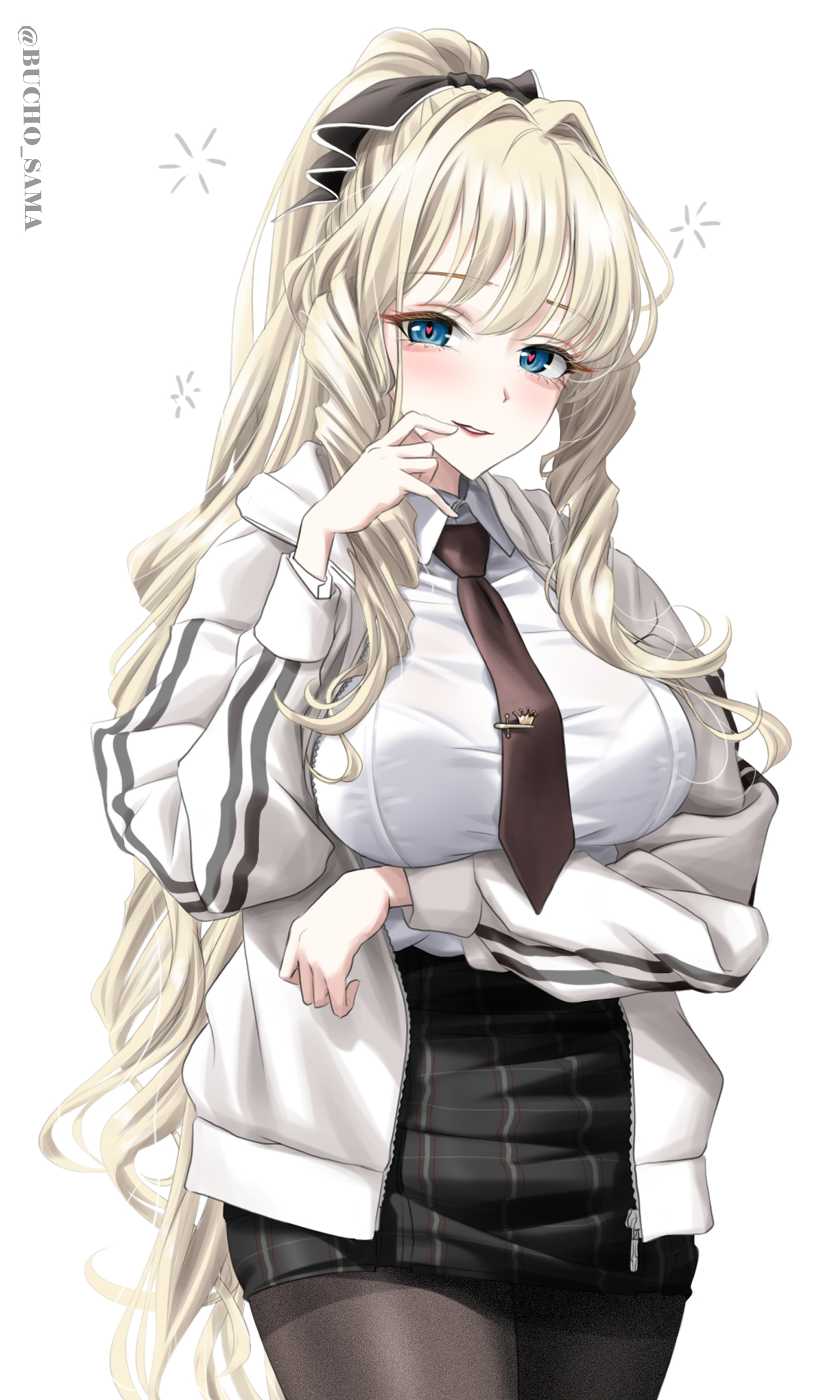 bucho sama, crown (nikke), goddess of victory: nikke, absurdres, highres, 1girl, alternate costume, blonde hair, blue eyes, blush, breasts, crown, drill hair, large breasts, long hair, long sleeves, looking at viewer, school uniform, shirt, smile, solo, too many drills, very long hair, white shirt