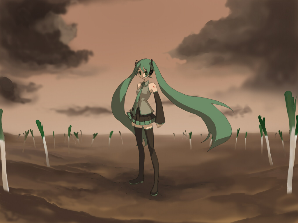 bob (biyonbiyon), hatsune miku, fate/stay night, fate (series), vocaloid, 1girl, aqua hair, detached sleeves, female focus, field of blades, long hair, parody, solo, spring onion, thighhighs, twintails, unlimited blade works (reality marble), zettai ryouiki